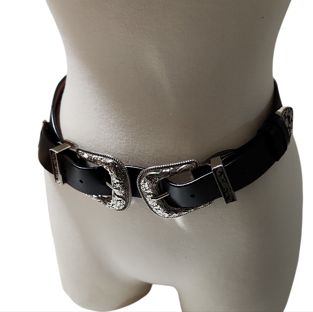 Black Leather Belt with Silver Double Buckles